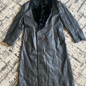Vintage Leather Coat Black W/Fur Collar Womens Large